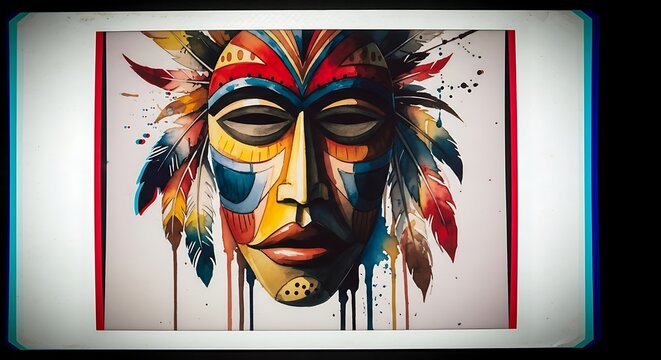 Colorful Tribal Mask Art with Feather Accents and Paint Drips.