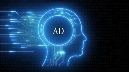 Neon blue digital human head silhouette with circuit board patterns and glowing data streams against a dark background of binary code and numbers representing artificial intelligence and technology - Powered by Adobe