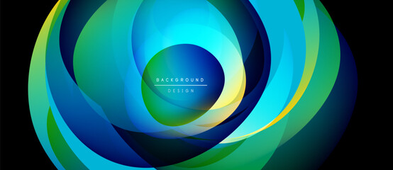 Abstract design features swirling blue, green layers. Central text reads background design. Vivid colors create dynamic visual effect.