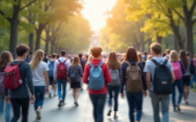 Students walking to class in a university or college environment. Moving crowd motion blurred background. Hand edited generative AI. High quality