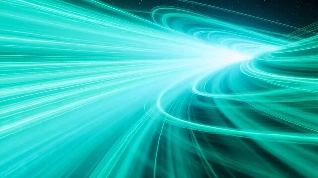 Luminous cyan lines creating a dynamic vortex of high-speed digital data transfer