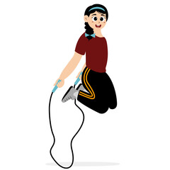 Girls playing jump rope together cheerfully. Jump rope. Exercise. Cute girls playing jump rope for a fitness routine.