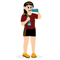 Young athlete drinking water after exercise, resting in exercise, girl drinking after exercise