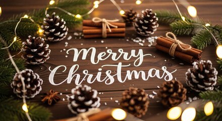 Overhead Merry Christmas Calligraphy on Dark Wood with Pinecones, Cinnamon Sticks and Fairy Lights