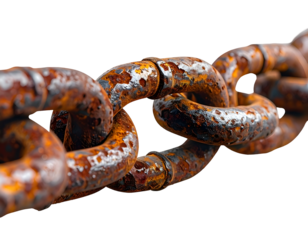 Close-up of a heavily rusted metal chain, links interlocked, isolated on black