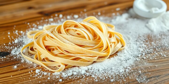 Dry tagliatelle pasta nest on wooden table dusted with flour, cuisine, flatlay