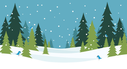 Fototapeta premium Flat Style Winter Landscape with Pine Tree and Bird in Snow Scene
