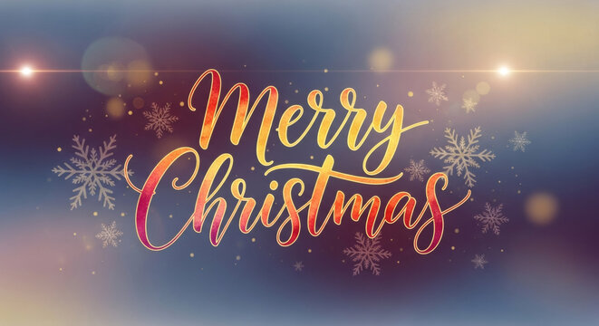 Vibrant Watercolor Merry Christmas Calligraphy with Snowflakes and Warm Bokeh Lens Flare