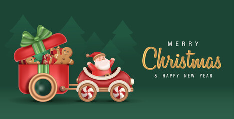 Long Christmas train carrying Santa and gifts on dark green background with greeting “Merry Christmas & Happy New Year. Christmas Greeting Card Vector Illustration 