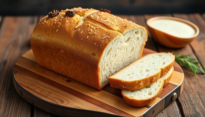 Perfectly baked loaf of white bread, rustic style on wooden board, golden, baked