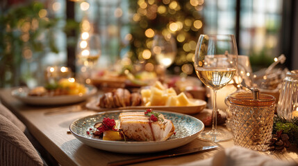 Festive christmas dinner table setting with wine and delicious food
