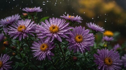 Purple aster flowers glistening with raindrops, a serene and calming natural scene.