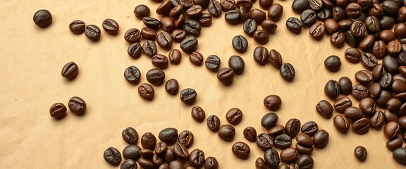 Roasted coffee beans scattered on aged parchment paper, aroma, parchment