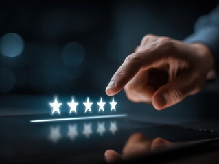 Customer Satisfaction Review Expressing Positive Feedback Through Five Star Rating System On Tablet Device Excellent Customer Service Evaluation and User Experience Appreciation Gesture