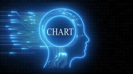 Neon human head silhouette with circuit board lines and the word C H A R T glowing inside representing artificial intelligence data analysis and digital information processing technology - Powered by Adobe