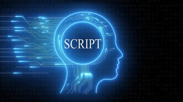 Digital human head with glowing neon circuit lines and the word script inside representing artificial intelligence data processing and A I scriptwriting concepts