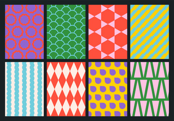 Obraz premium Set of colorful geometric backgrounds. Minimal bright posters in modern style. Abstract trendy design with simple shapes for print, card, cover, wallpaper, brochure, banner, social media, flyer