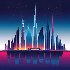 Fototapeta premium Futuristic USA City Skyline at Sunset Neon Urban Illustration, Modern Architecture, Sci-Fi Metropolis Concept Art.