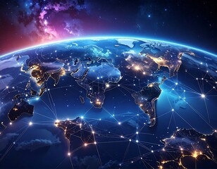 A stylized night-time view of planet Earth with illuminated cities and stars