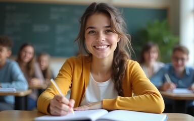 Happy female student having an exam at college classroom and looking at camera. High quality