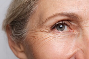 Fototapeta premium The details around the eyes with small wrinkles show age and natural beauty.