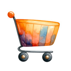 A watercolor shopping cart painted in bright tones, on a transparent background and isolated.