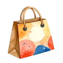 Charming watercolor shopping bag with playful polka dots pattern in vibrant colors, cutout.