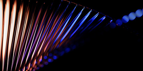 Naklejka na ściany i meble Neon ribbed fractal glass 3d background with blur and bokeh effect. Holographic wave line pattern with gold blue purple gradient texture. Abstract black glitch bg in radiant colors. 3D illustration