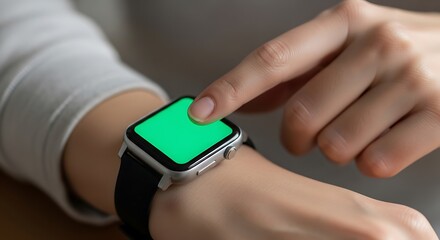 Close-up of a person's hand touching the green screen of a smartwatch on their wrist.