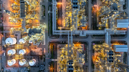 Aerial view Oil and Gas refinery plant at night, Global business energy logistic transportation,...