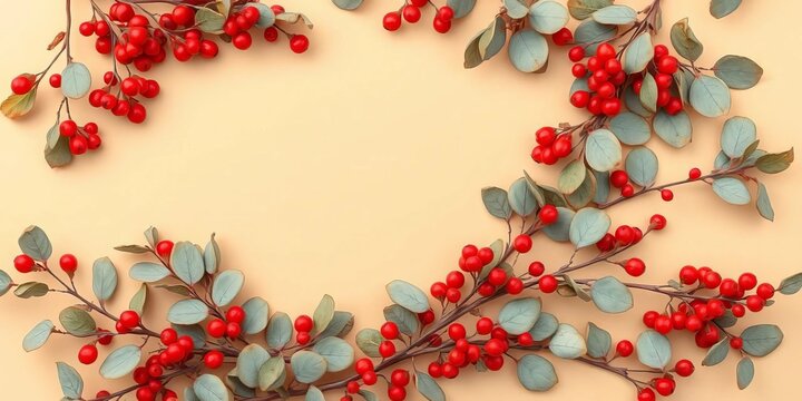 Dried eucalyptus & red berries autumnal frame on beige background, fall, december