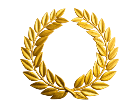 Gold laurel wreath, leaves intricately detailed, circular, set against a black background