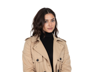 Young woman in a tan trench coat poses confidently against a white background during a photo session