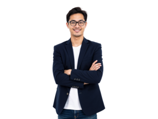 Professional young man in blazer poses confidently with arms crossed against a plain background
