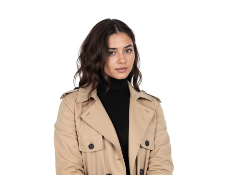 Young woman in a tan trench coat poses confidently against a white background during a photo session