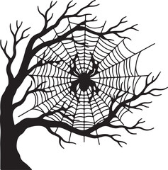 Obraz premium Creepy arachnid silhouette with a detailed spiderweb spun on a leafless, spooky tree, an iconic Halloween design element