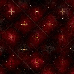 Naklejka premium Luxurious deep red velvet texture with golden stars and celestial design evokes a sense of opulence and cosmic wonder for creative projects.