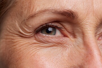 close-up of eye area with early wrinkles on middle-aged woman, skincare photography