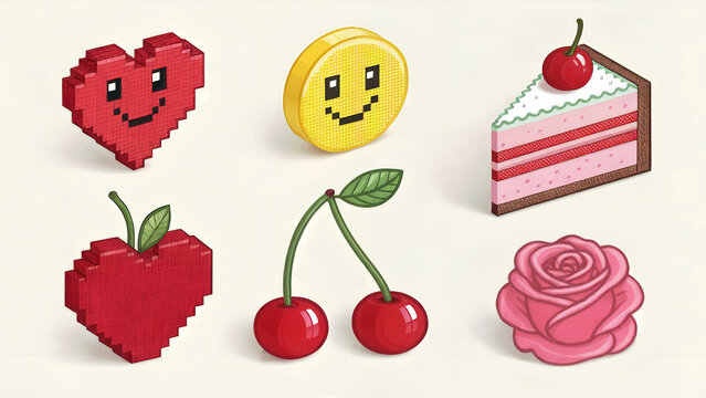 Cute kawaii icons of heart, cherry, smiley face, rose, and cake made from colorful beads, representing happiness, positivity, love, friendship, and handcrafted creative design concept