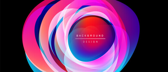 Abstract vibrant concentric circles. Pink, purple, blue hues blend creating dynamic visual effect. Text reads background design.