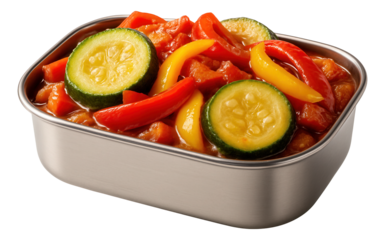 Spiralized zucchini noodle and vegetable primavera with cherry tomatoes and asparagus tips on a flat white plate