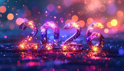 Sparkling 2026 numerals on a colorful bokeh background