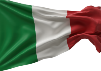 Vibrantly unfurling Italian flag, extreme macro close-up, showcasing lustrous fabric, deep folds, dynamic ripples against a transparent background with cast shadow. Concept of national pride