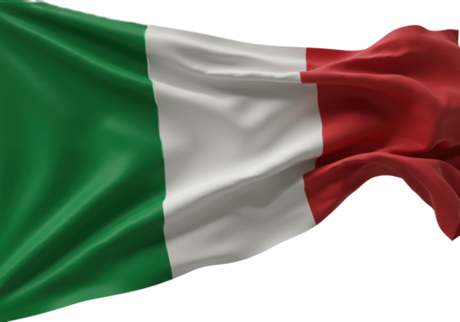 Vibrantly unfurling Italian flag, extreme macro close-up, showcasing lustrous fabric, deep folds, dynamic ripples against a transparent background with cast shadow. Concept of national pride