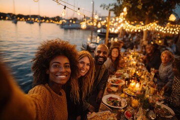 Group of diverse friends enjoying a festive outdoor dinner by the water, surrounded by twinkling lights, delicious food, and a warm, inviting atmosphere celebrating togetherness and joy