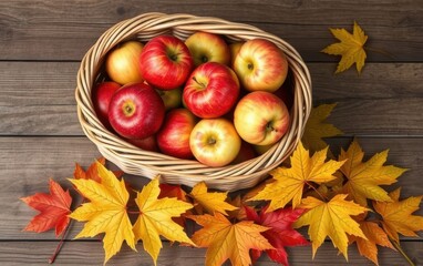 Basket filled with red and green apples placed on rustic wooden table beside fallen maple leaves. Generative AI