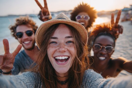 Group of diverse friends enjoying a beach sunset, smiling and posing for a selfie, showcasing joy, friendship, and carefree moments by the ocean