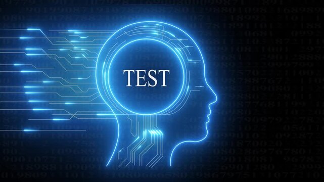 Neon blue human head silhouette with circuit board lines and the word T E S T inside representing artificial intelligence and digital brain processing