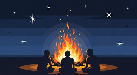 Silhouettes of People Sitting Around a Campfire at Night Under Starry Sky