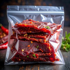 Spicy beef jerky in clear plastic bag